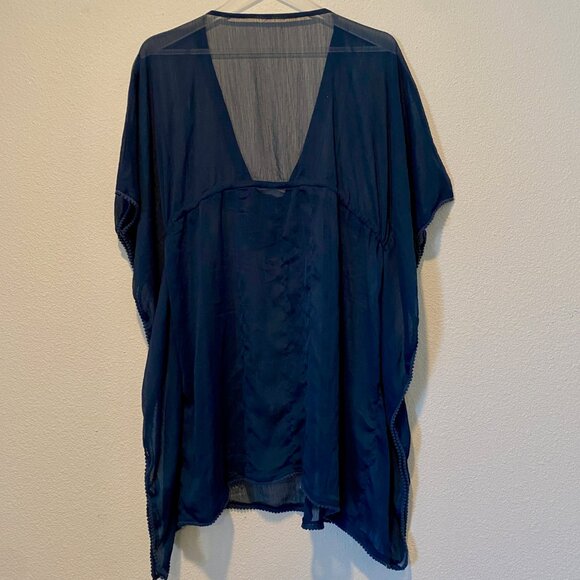 Navy Blue Sheer Beaded Swim Cover Up One Size Drawstring Kaftan - Picture 2 of 4